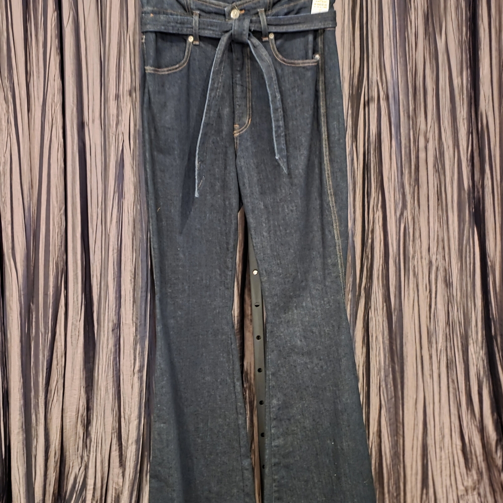 NWT.  Veronica Beard Dark Blue High-Rise Tie-Waist Wide-Leg Jeans